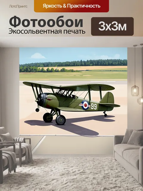 Фотообои уютный аэродром с винтажным бипланом, стоящим на фоне яркой природы