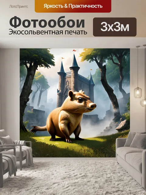 Фотообои капибара, стоящая на фоне старинного замка, окруженного густым лесом и таинственными туманами