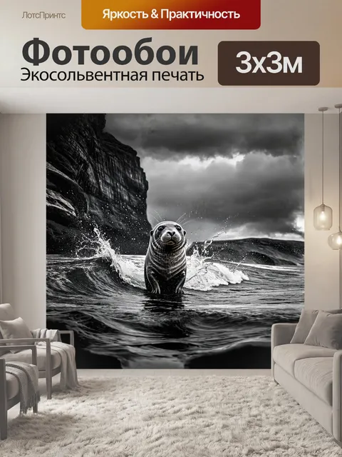 Фотообои серый тюлень, возникающий на фоне суровых скал и штормовых волн, с каплями воды, разбивающимися о его бок
