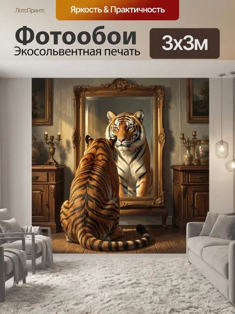 Фотообои Тигр у зеркала в интерьере
