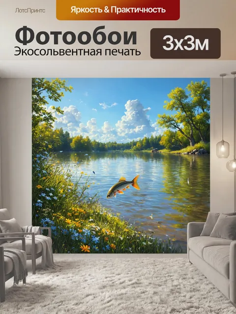 Фотообои утро на берегу озера, где идиллическое спокойствие воды отражает небо с лёгкими облаками и окрестные деревья
