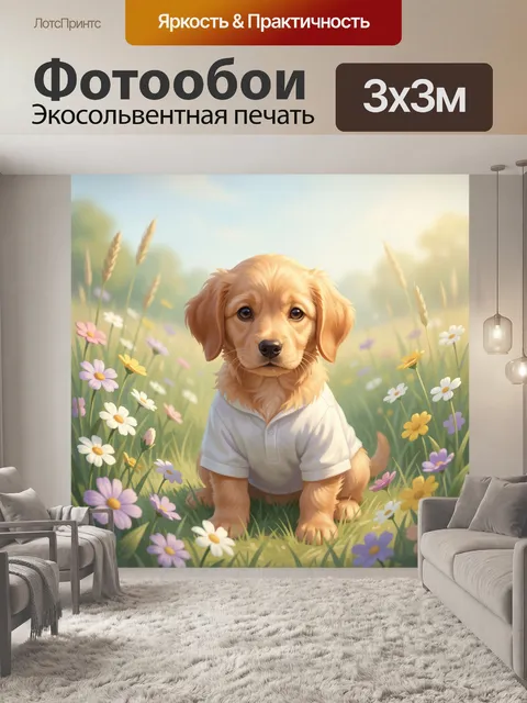 Фотообои Щенок в цветочном лугу