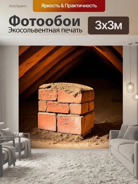Фотообои кирпичик, покрытый слоем пыли на чердаке старого дома, с солнечными лучами, пробивающимися через маленькое…