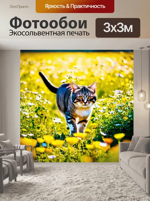 Фотообои кошка, гуляющая по цветущему полю под солнцем