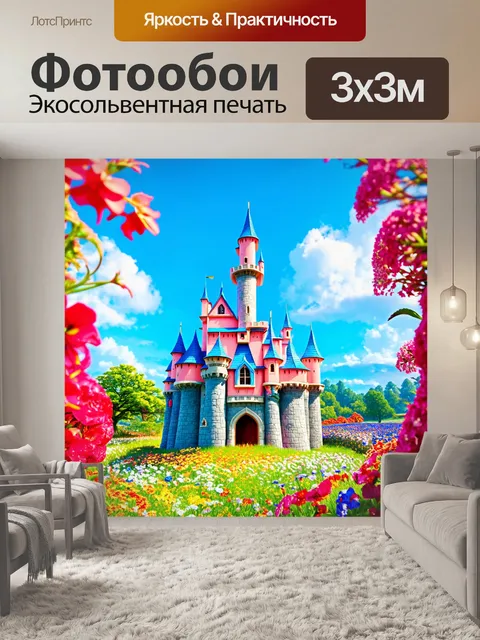 Фотообои сказочный замок, окруженный цветами