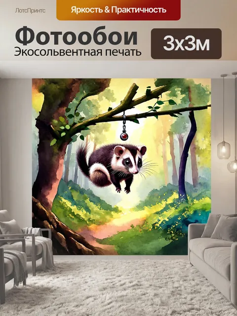 Фотообои опоссум свисает с ветки, окружённый вечерним светом в сказочном лесу
