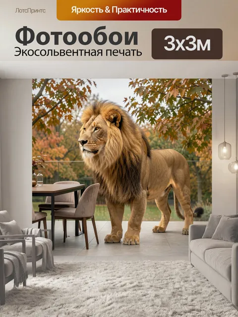 Фотообои Лев на террасе среди осенних деревьев