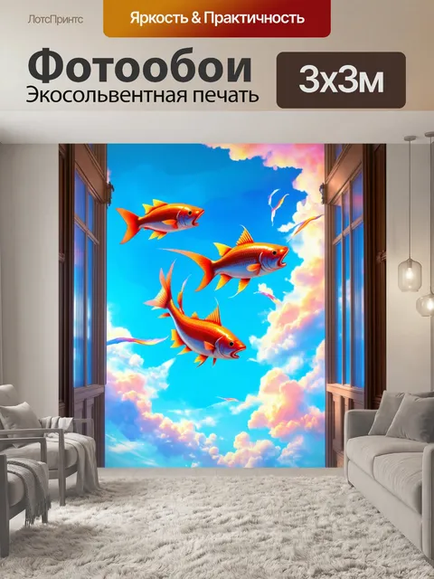 Фотообои сюрреалистическое изображение летающих рыб в небесах