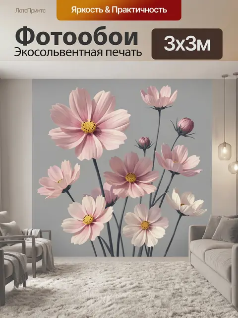 Фотообои Нежные розовые космеи на сером фоне