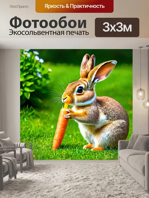 Фотообои заяц, отжимающий сока из моркови, в красивом саду, в стиле реализма, естественные цвета