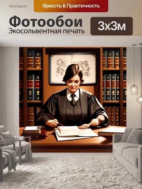 Фотообои судья работает в своем кабинете, окружённый книгами по праву и судебными файлами