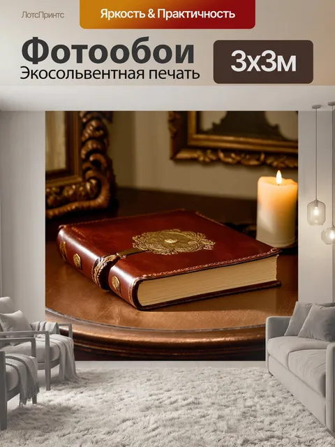 Фотообои старая кожаная книга с золотым тиснением лежит на старинном деревянном столе