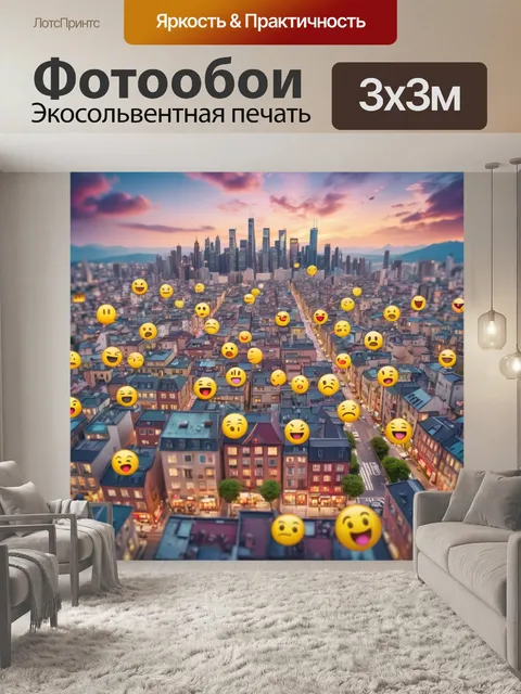 Фотообои город в стиле эмодзи, мечтающий городской пейзаж с эмодзи надежды и вдохновения
