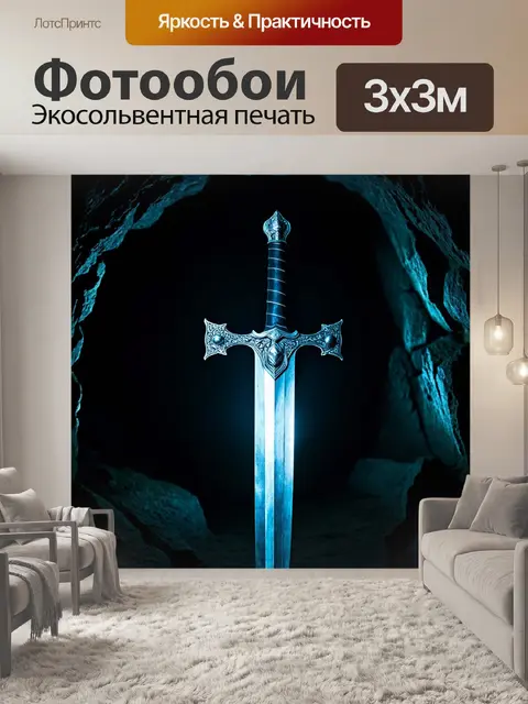 Фотообои меч, светящийся в темной пещере, охраняемый тенью
