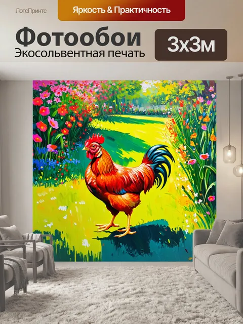 Фотообои в живописном саду, где цветут яркие цветы, рыжая курица элегантно прогуливается среди них