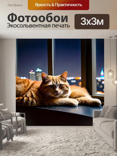 Фотообои коты, лежащие на окне с видом на ночной город