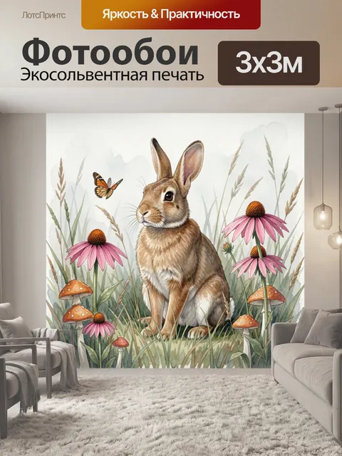 Фотообои Заяц в цветущем лугу
