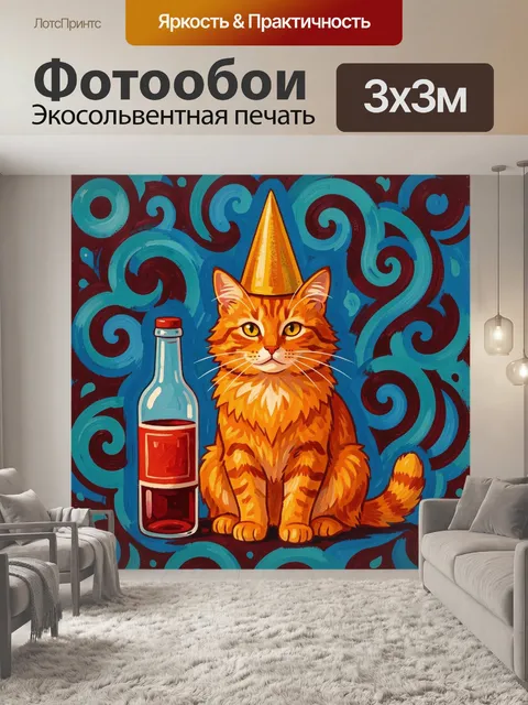 Фотообои Рыжий кот в праздничном колпаке