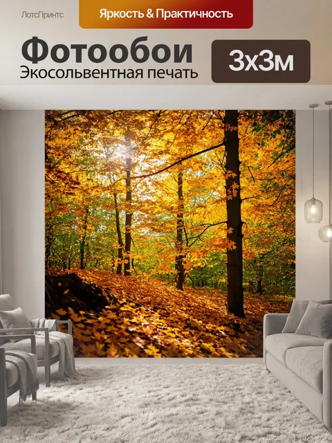 Фотообои осень в лесу, золотые листья падают с деревьев, мягкий свет солнца пробивается сквозь ветви