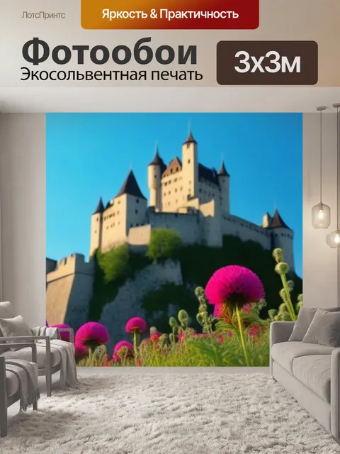 Фотообои цветы на фоне старинного замка