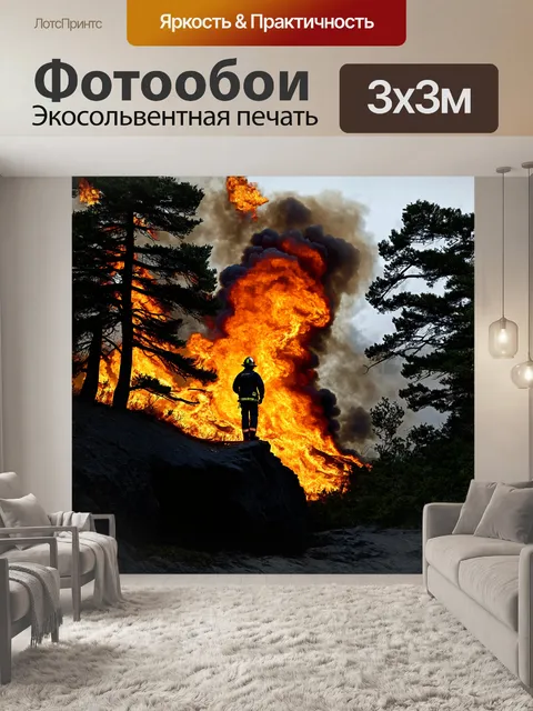 Фотообои время неумолимо, когда пожарный, стоящий на краю утеса, наблюдает за разрастающимся пожаром в лесу