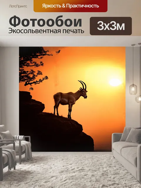 Фотообои козел, стоящий на высоком утесе, освещенный золотым светом заката