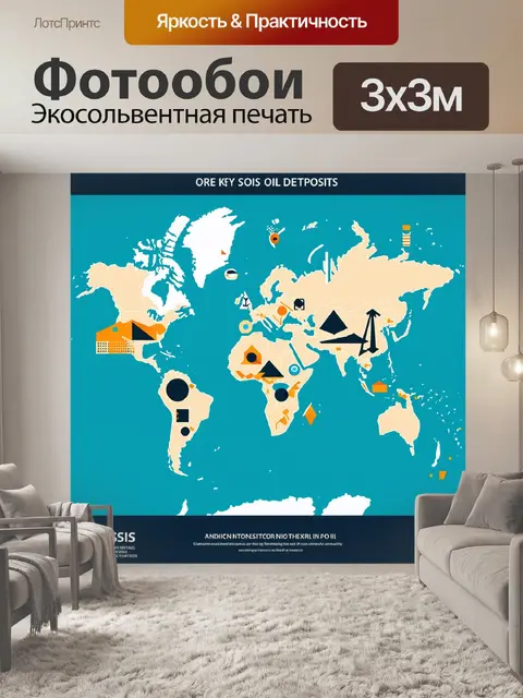 Фотообои мировая карта, на которой отмечены ключевые нефтяные месторождения, в центре геометрические формы и графики…