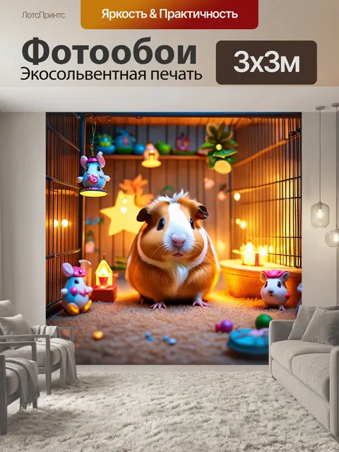 Фотообои в зоомагазине, оформленном как сказочный мир, морская свинка в окружении волшебных аксессуаров и игрушек