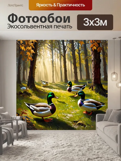 Фотообои команда уток, которые исследуют загадочный лес, балки света пробиваются сквозь листву