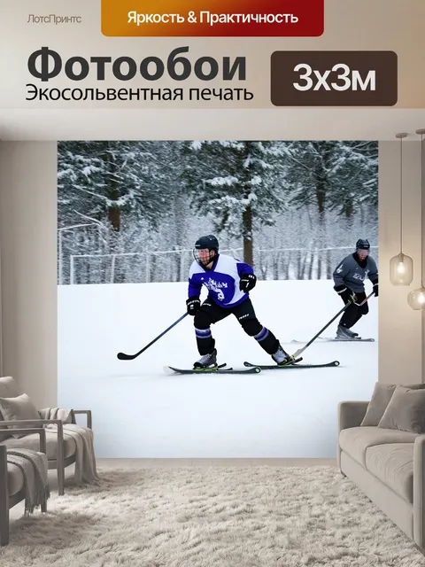 Фотообои зимняя сцена с лыжным передвижением и хоккейными вставками