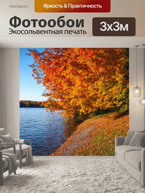 Фотообои осень на берегу озера, reflections of colorful foliage on the water's surface