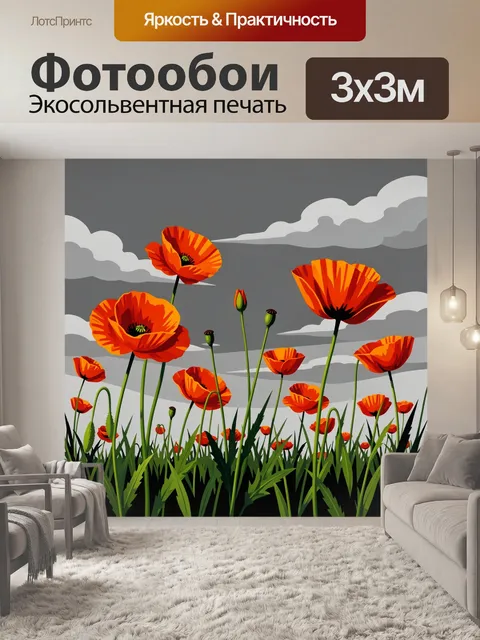 Фотообои Красные маки под облачным небом