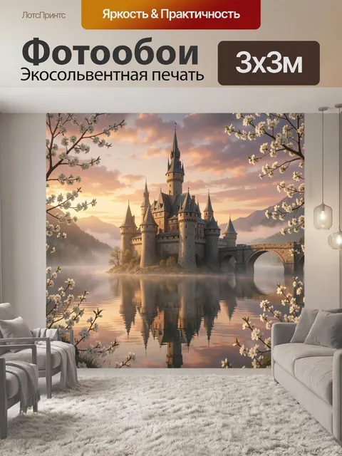 Фотообои Сказочный средневековый замок на небольшом острове посреди спокойного озера