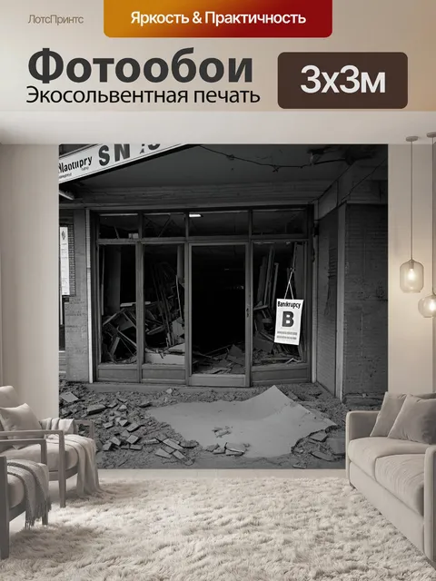 Фотообои описание: закрытый магазин с выбитыми окнами, на витрине висит табличка "банкротство"