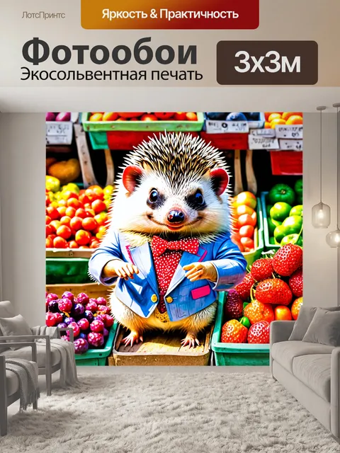 Фотообои забавный ежик в нарядной одежде, работающий на рынке, торгуя свежими ягодами и овощами, с радостной улыбкой