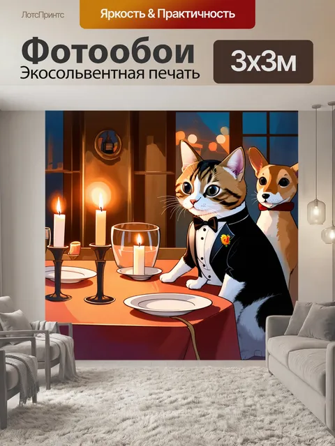 Фотообои забавная сцена, где кот в смокинге и собака в вечернем платье ужинают при свечах, на заднем плане уютный…