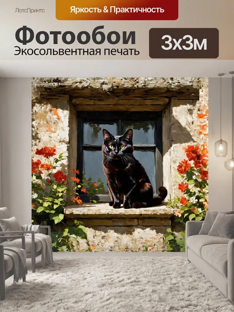 Фотообои черный кот, сидящий на старом каменном окне с цветами, его интенсивные глаза смотрят вдаль, словно…