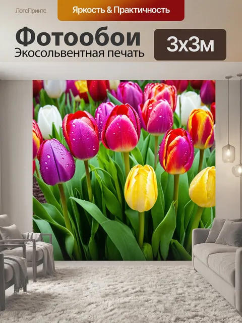 Фотообои весенний букет тюльпанов с каплями росы