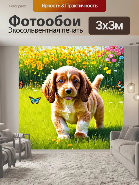 Фотообои изображение весёлого щенка кокер-спаниеля, играющего на зелёной поляне в солнечный день
