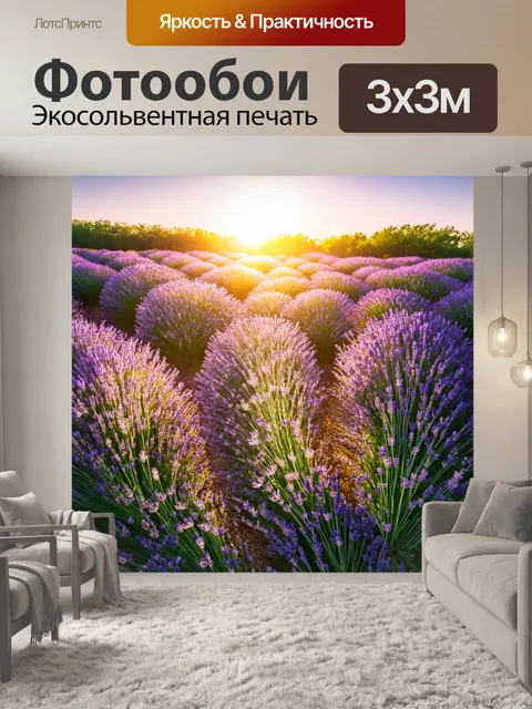 Фотообои рассвет над полем лаванды, где нежные цветы покачиваются под легким ветерком