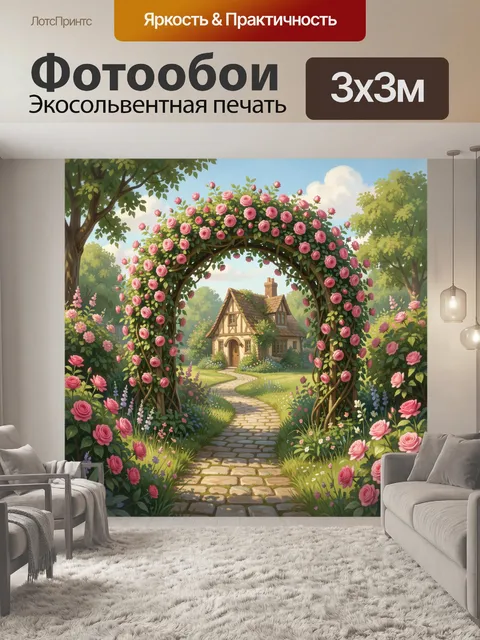 Фотообои Садовая арка с розами и домиком