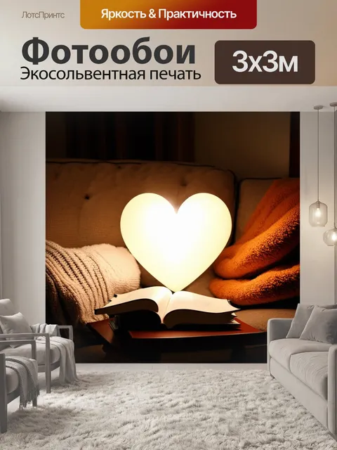 Фотообои сердце, освещенное мягким светом, окружено уюта и тепла, с книгами и пледами на диване