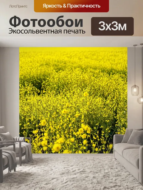 Фотообои поле горчичных растений, ярко-желтого цвета, освещенное ярким солнечным светом