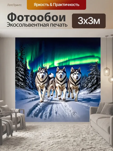 Фотообои в величественном зимнем пейзаже, хаски с блестящей шерстью, в белоснежном снегу мчатся по ледяной трассе