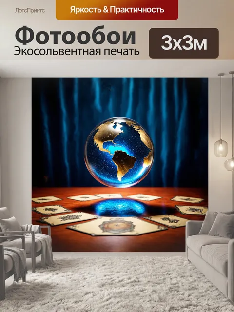Фотообои стеклянный шар, сияющий как драгоценность на velvety темно-синем фоне, парит в воздухе, окружённый…