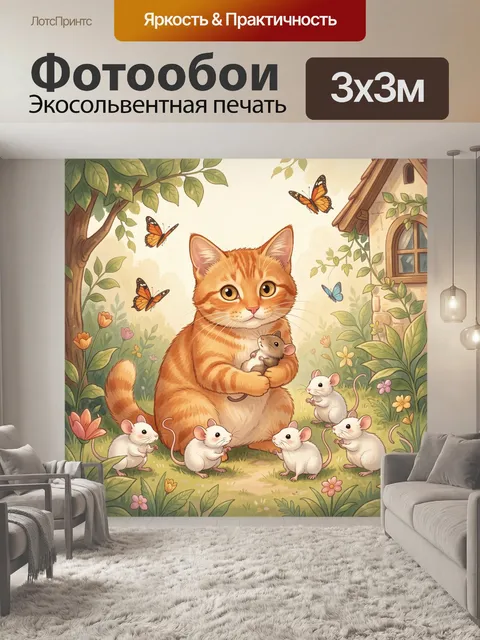 Фотообои Рыжий кот с мышатами в саду