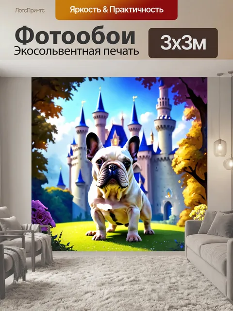 Фотообои красивый французский бульдог, стоящий на фоне великолепного замка