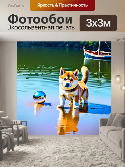 Фотообои щенок ши-ба ину, играющий с переливающимся мячиком на берегу озера, с отражением в воде