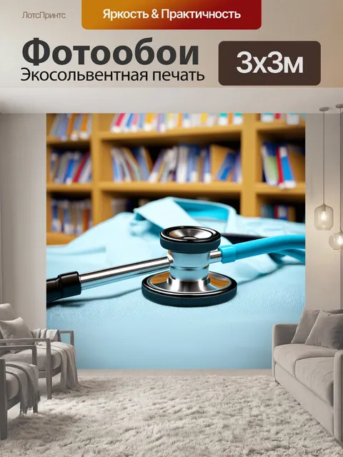 Фотообои стетоскоп, аккуратно располагающийся на медицинском халате, на фоне стеллажей с медицинской литературой