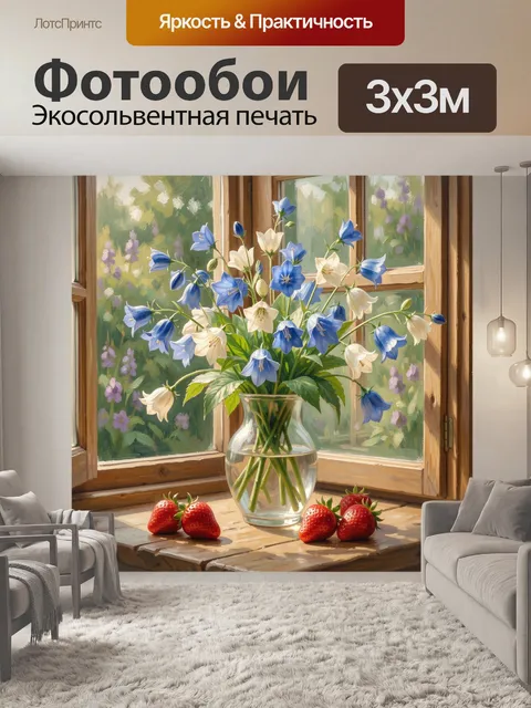 Фотообои Синие и белые колокольчики у окна
